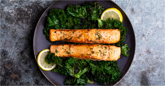 Roasted Salmon with Garlic Cabbage and Kale