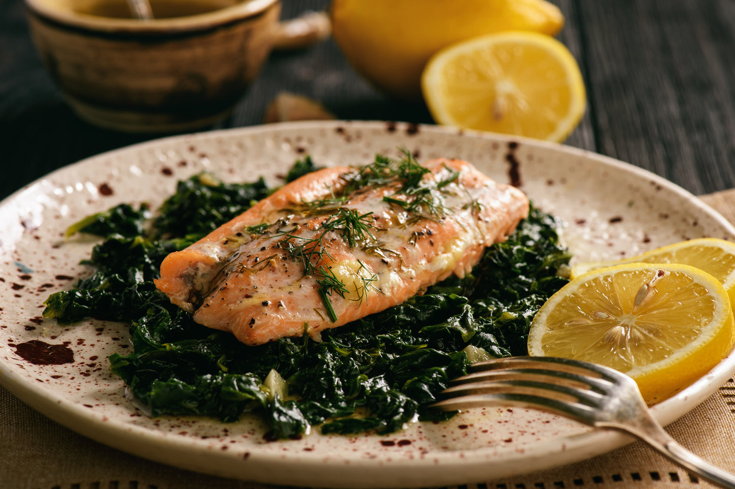 Roasted Salmon with Garlic Cabbage and Kale